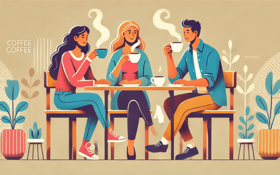 Illustratie van twee vrouwen en een man die samen koffie drinken, passend bij een verhaal over een onverwachte koffiebreak in een Bed & Breakfast